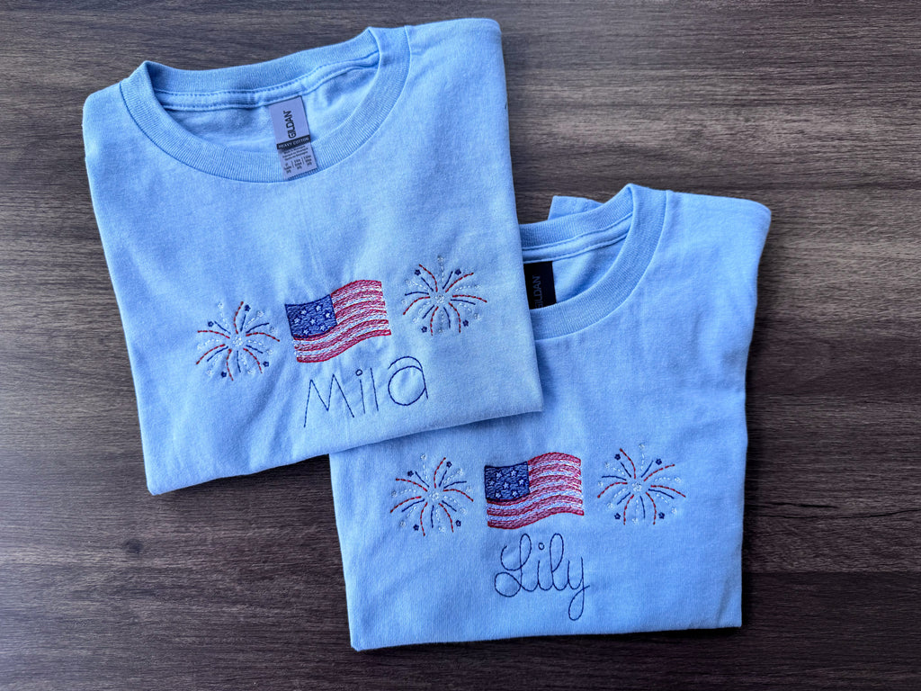 Kid’s Personalized Glow-in-the-Dark Fireworks Flag T-Shirt