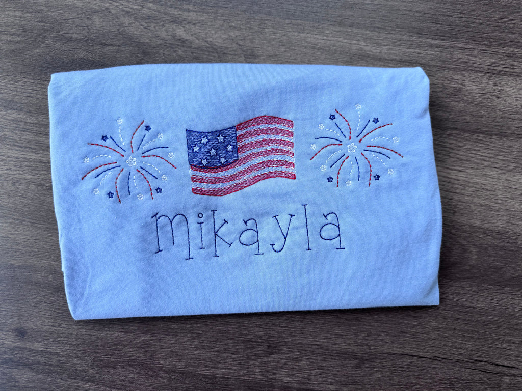 Kid’s Personalized Glow-in-the-Dark Fireworks Flag T-Shirt